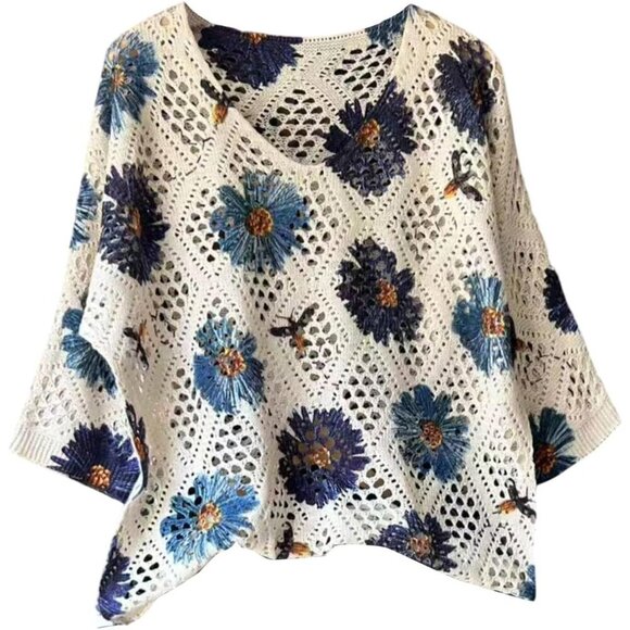 Sweaters - Women's Crochet Sweater Floral Boho V Neck 3/4 Sleeve Knit Top